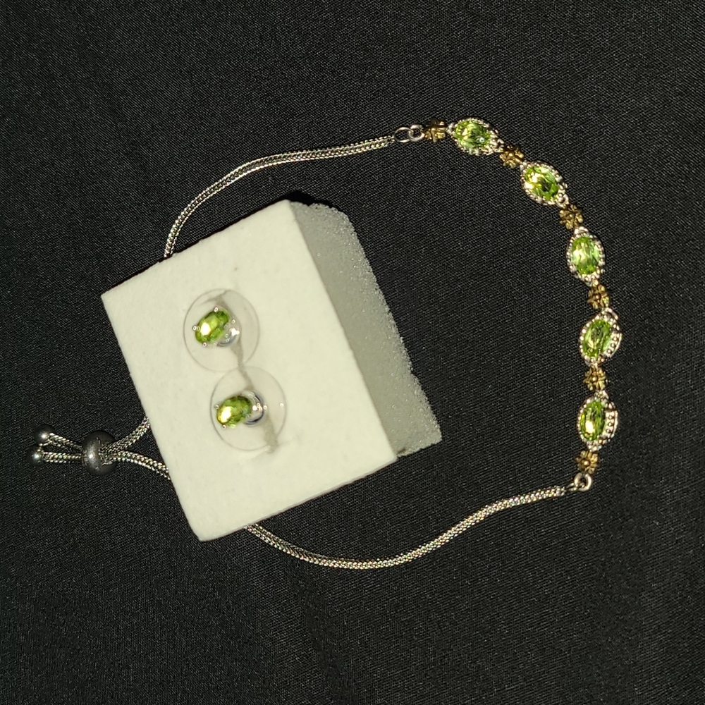 Peridot Solitaire Stud Earrings and Bolo Bracelet Set